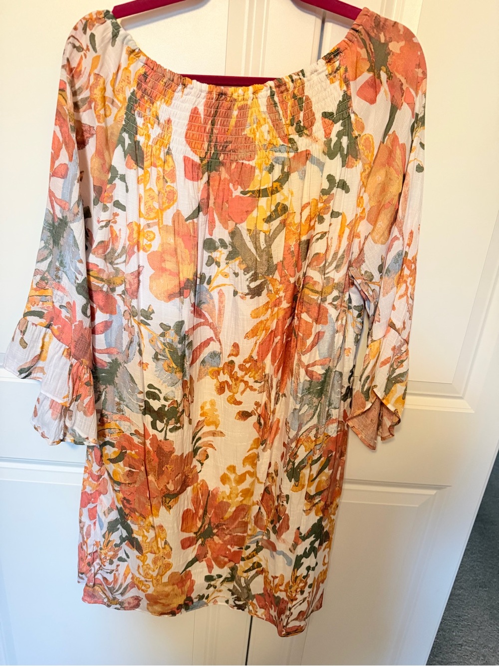 Floral Peasant Tunic Dress in Coral & Mustard - Picture 4 of 4